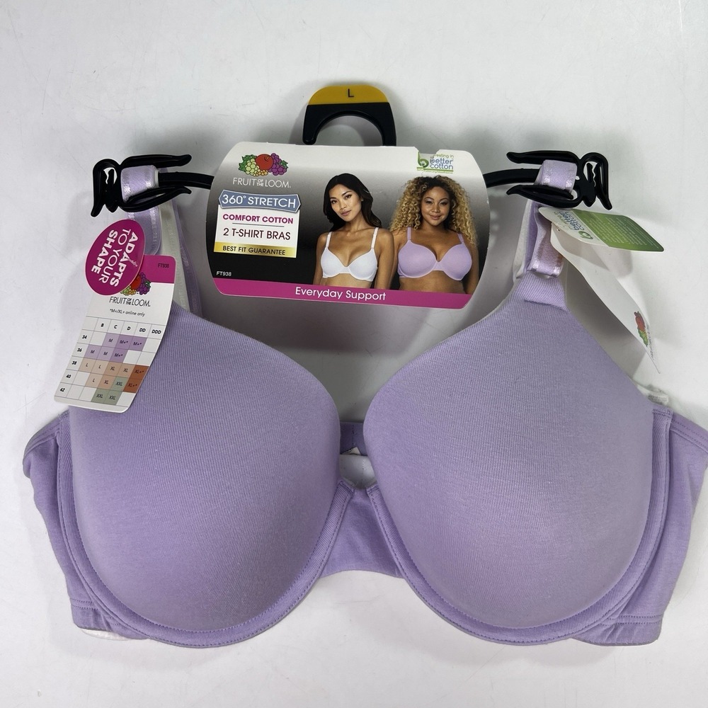 Fruit Of The Loom 2 T Shirt Bras Sz L Purple White 360 Stretch Comfort Cotton